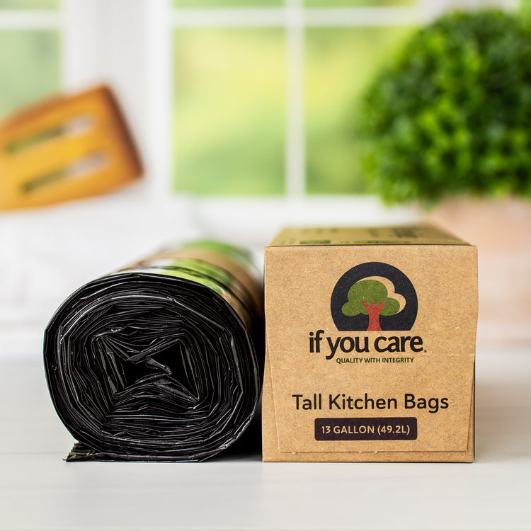 If You Care Brand 89% Post-Consumer Recycled Plastic Tall Kitchen Trash Bags - Side View of Box and Roll of Trash Bags