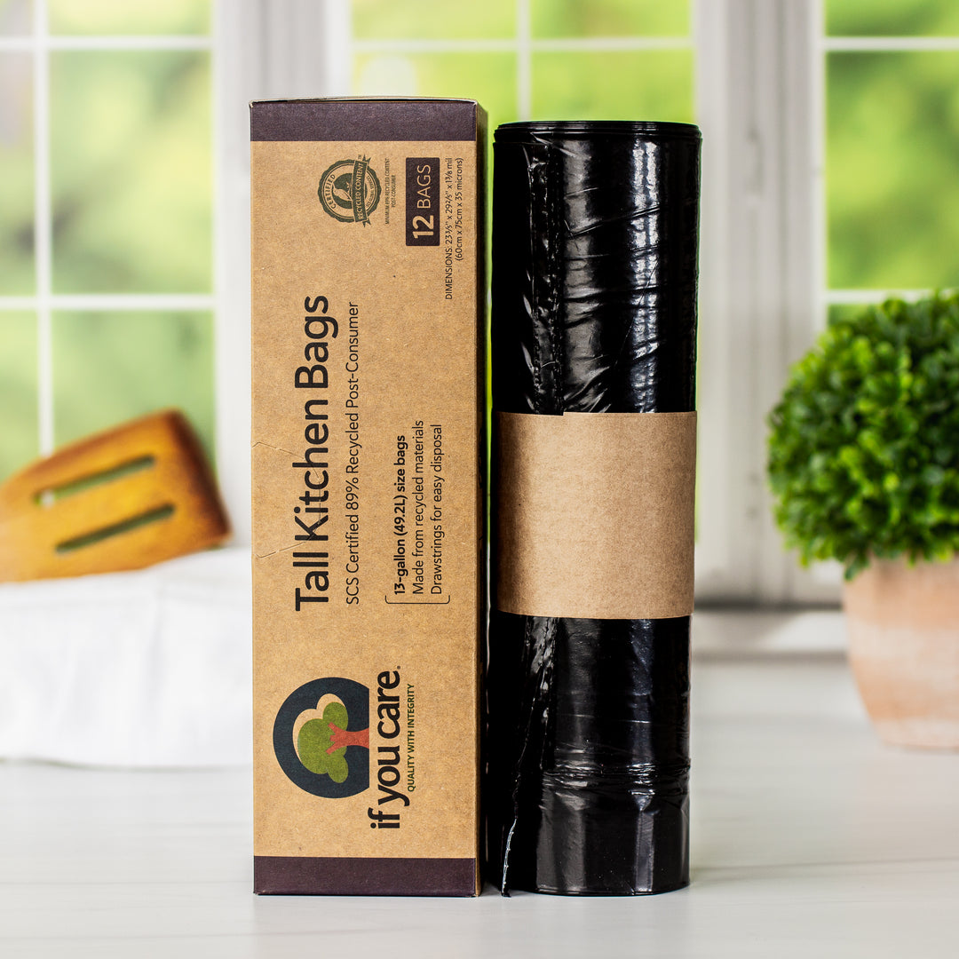 If You Care Brand 89% Post-Consumer Recycled Plastic Tall Kitchen Trash Bags - Box and Roll of Trash Bags Standing on Their Sides