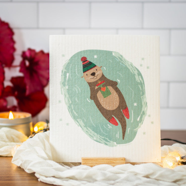 Zero Waste Swedish Dishcloths - Festive Otter design