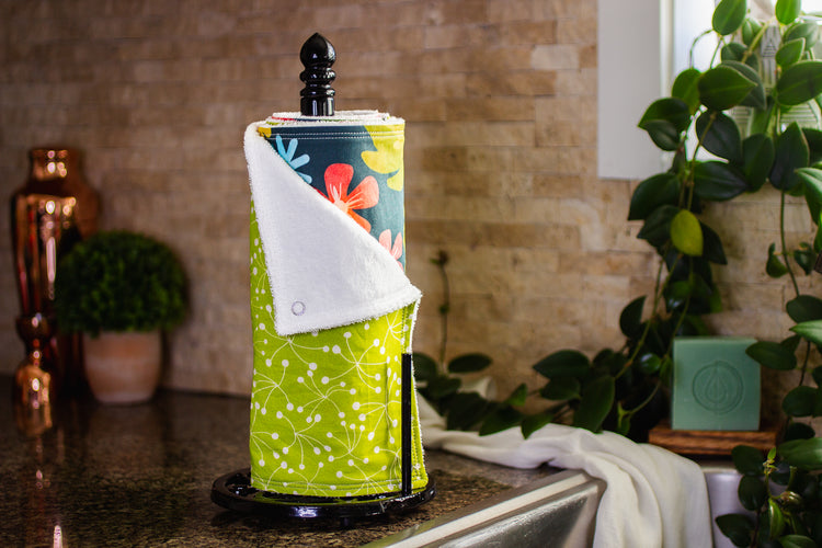 Zero Waste Reusable Unpaper Towels - rolled on paper towel holder - Floral Dreams