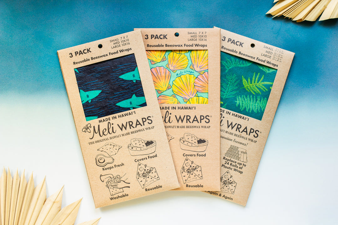 reusable beeswax food wraps, sets of 3 in three ocean-themed designs