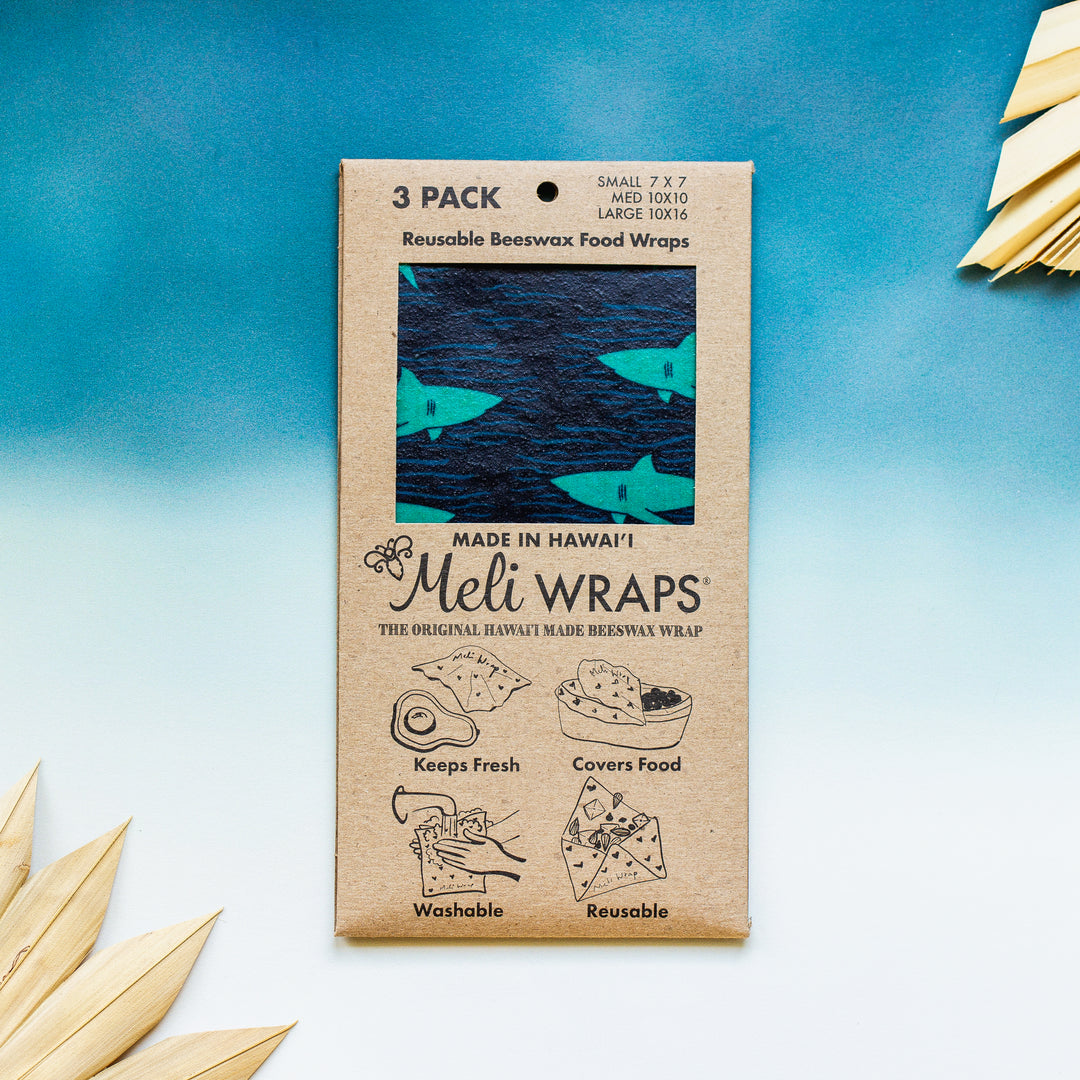 reusable beeswax food wraps, set of 3 in "among the sharks" print