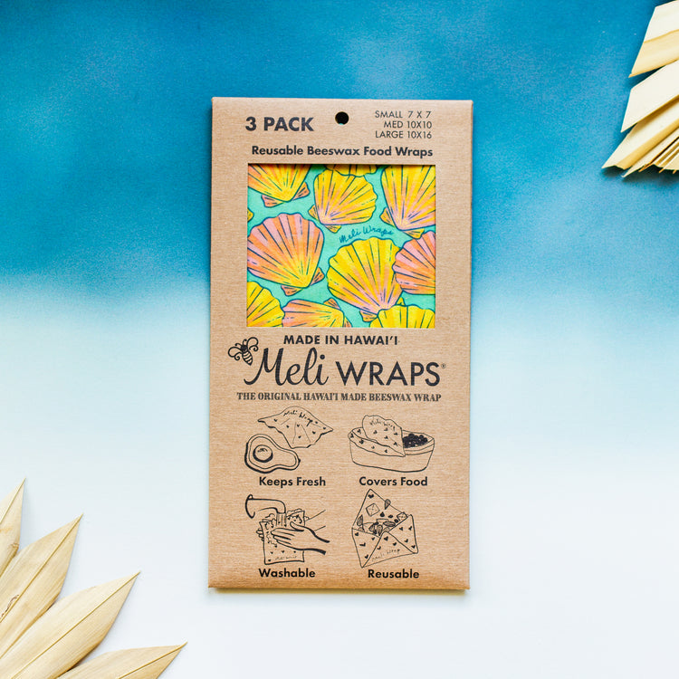 reusable beeswax food wraps, set of 3 in "sea shell shores" print