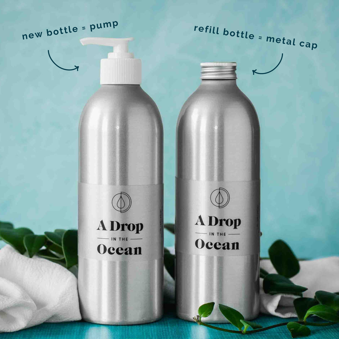 A Drop in the Ocean Zero Waste Refillable Liquid Shampoo and Conditioner in 16oz Aluminum Bottles