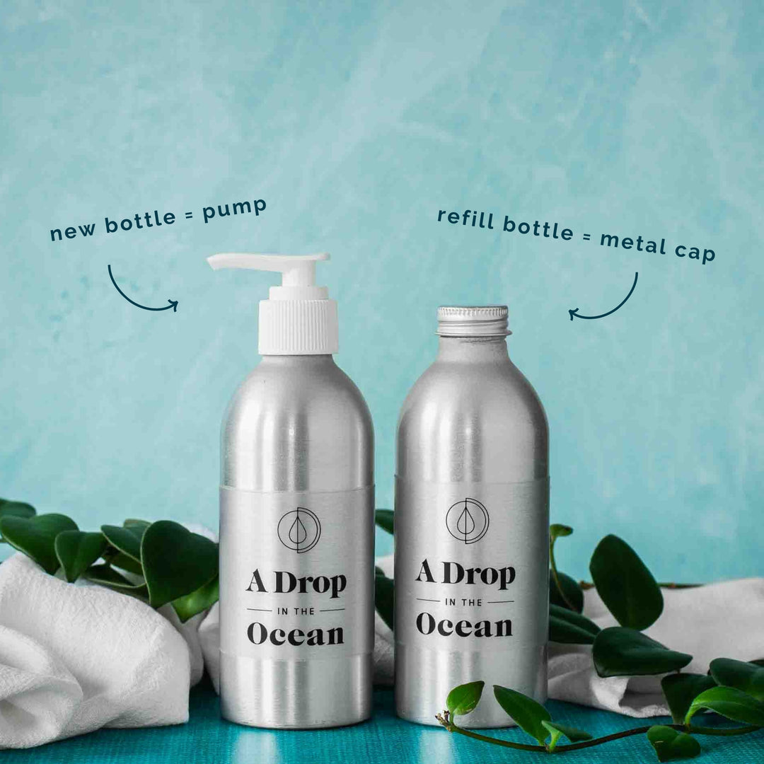 A Drop in the Ocean Zero Waste Refillable Liquid Shampoo and Conditioner in 8oz Aluminum Bottles