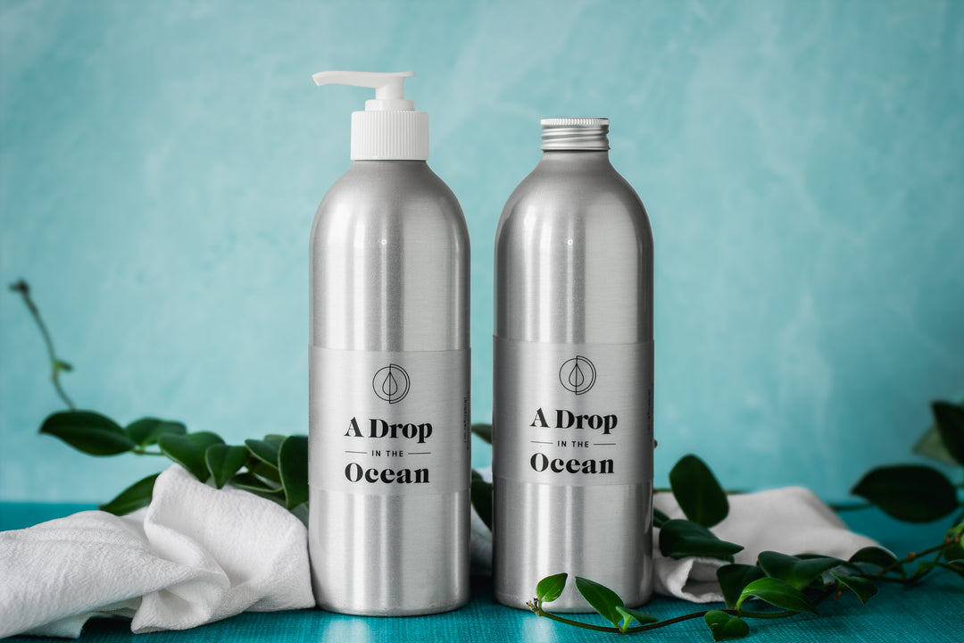 A Drop in the Ocean Zero Waste Refillable Liquid Shampoo and Conditioner in Aluminum Bottles