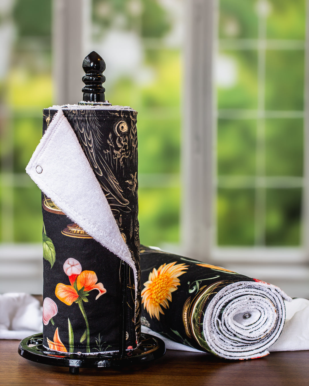 Reusable Unpaper Towels - Botanical Fairytale on Paper Towel Holder and Rolled Up