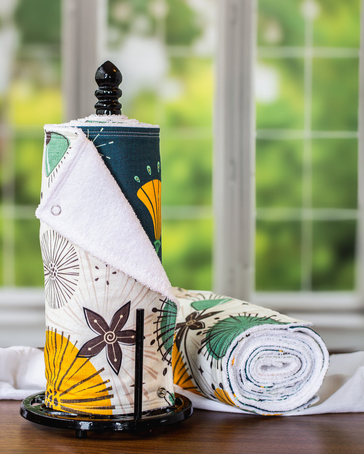 Reusable Unpaper Towels - Wild Dandelions on Paper Towel Holder and in a Roll