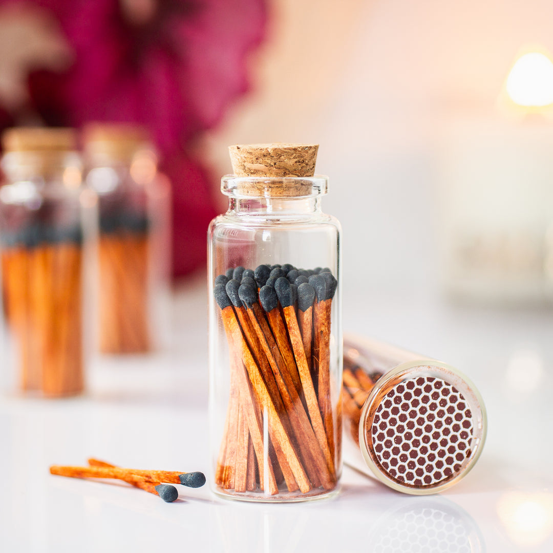 Wooden Matchsticks - Corked Glass Vial with Match striker - Cinnamon Black