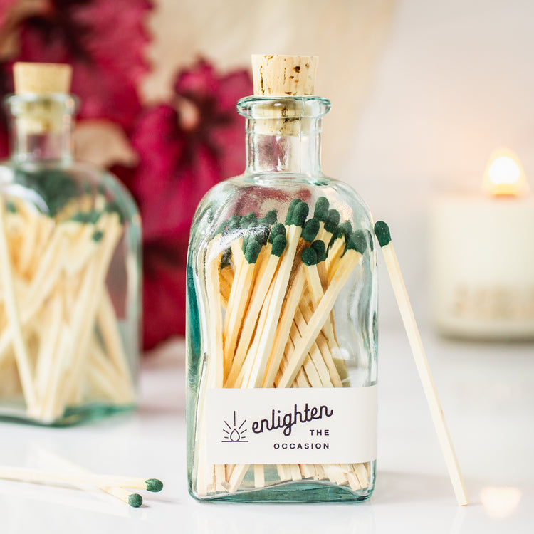 Wooden Matchsticks - Recycled Sea Glass Apothecary Jar with Match striker - Dark Green