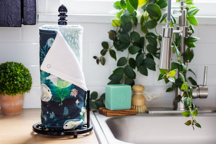 Zero Waste Reusable Unpaper Towels - rolled on paper towel holder - Under The Sea